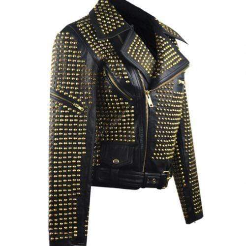 Woman Black Full Golden Studded Brando Style Punk Cowhide Leather Jacket - leathersguru