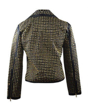 Load image into Gallery viewer, Woman Black Full Golden Studded Brando Style Punk Cowhide Leather Jacket - leathersguru
