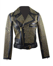 Load image into Gallery viewer, Woman Black Full Golden Studded Brando Style Punk Cowhide Leather Jacket - leathersguru
