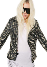Load image into Gallery viewer, Woman Full Silver Studded Punk Cowhide Leather Jacket - leathersguru
