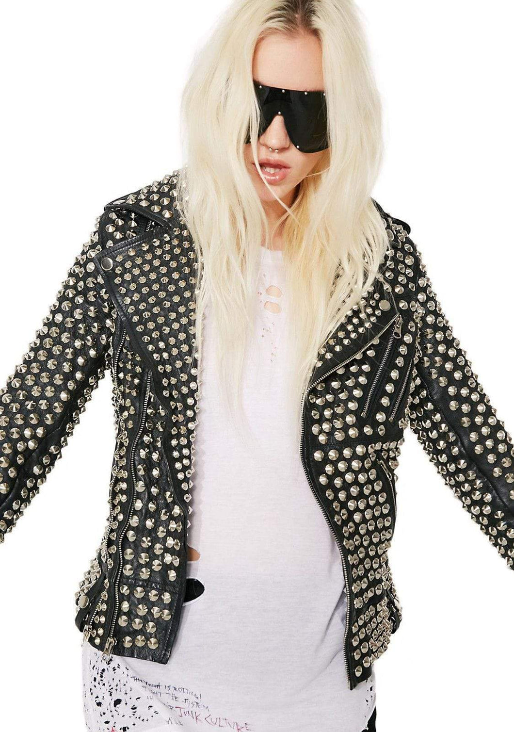 Woman Full Silver Studded Punk Cowhide Leather Jacket - leathersguru