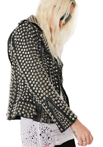 Woman Full Silver Studded Punk Cowhide Leather Jacket - leathersguru