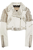 Woman Full White Punk Brando Spiked Studded Leather Jacket - leathersguru