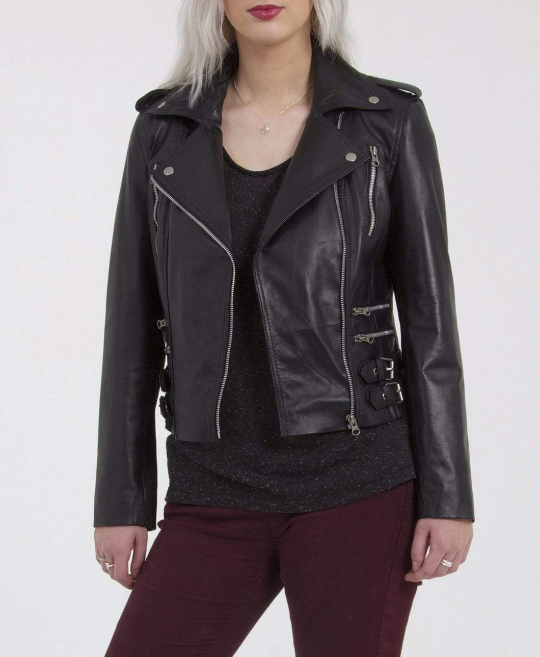 Women's Black Genuine Lambskin Leather Jacket Slim Fit Biker Coat - leathersguru