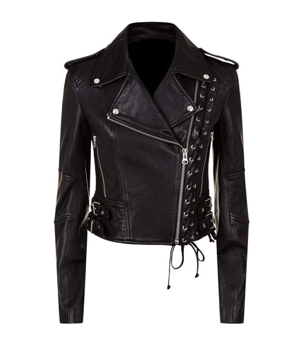 New Women's Black Slim Fit Moto Biker Style Real Leather Jacket - leathersguru