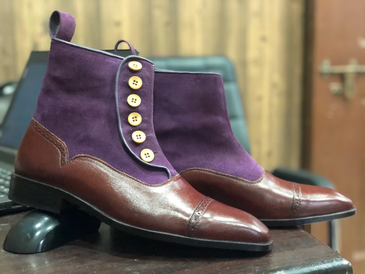 Ankle Boots Brown & Purple Button Top Cap Toe Leather Suede Boot | leathersguru