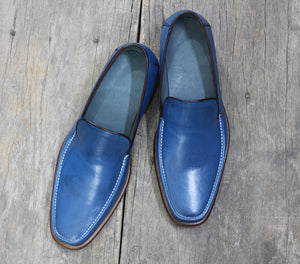 New Handmade Blue Leather Loafers Shoes For Men's
