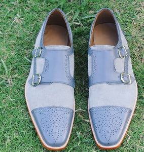 New Handmade Men gray formal shoes, Men double monk dress shoes Men leather shoe
