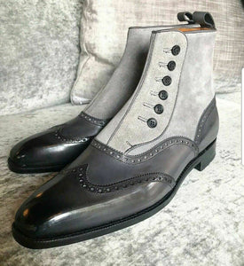  New Handmade Pure Dark Gray& Black Leather & Gray Suede Button Boots for Men's