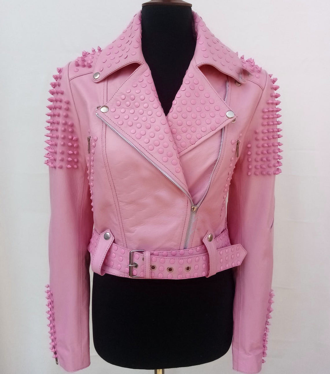 New Handmade Women Pink Full Spiked Studded Rock Punk Belted Brando Stylish Designed Cowhide Leather Jacket