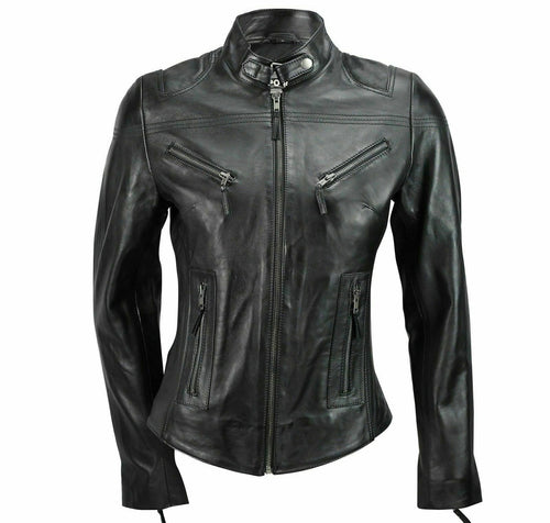 New Ladies Genuine Cowhide Leather Jacket Biker Slim Fit Women Coat Motorcycle Black Fashion Jacket