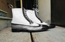 Load image into Gallery viewer, New Men&#39;s Handmade Black Gray White Ankle High Leather Lace Up Wing Tip Brogue Boot
