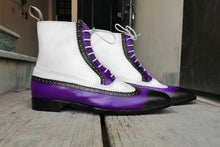 Load image into Gallery viewer, New Men&#39;s Handmade Purple Black White Ankle High Leather Lace Up Wing Tip Brogue Boot
