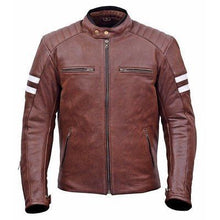 Load image into Gallery viewer, New Mens Burgundy Striped Motorbike Racing Cowhide Leather Jacket Safety Pads
