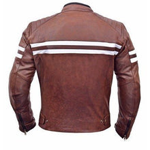 Load image into Gallery viewer, New Mens Burgundy Striped Motorbike Racing Cowhide Leather Jacket Safety Pads
