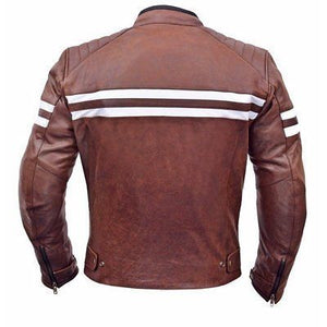 New Mens Burgundy Striped Motorbike Racing Cowhide Leather Jacket Safety Pads