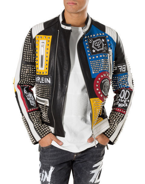 Leatheredges New Philipp Plein Multicolor Full Studded Embroidery Patches Leather Jacket Mens XXX-Large