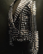 Load image into Gallery viewer,  Woman Full Black Rock Punk Silver Long Spiked Studded Leather Brando Jacket

