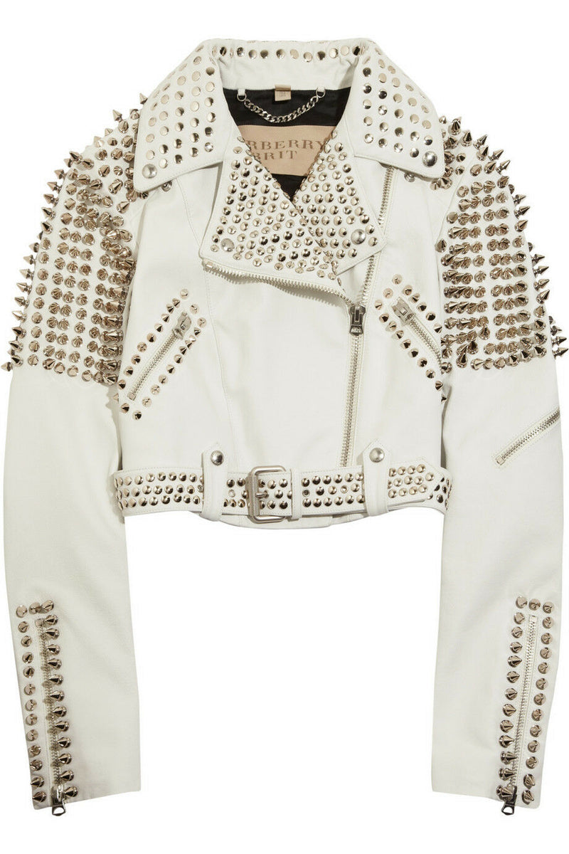 New Woman Full White Punk Brando Spiked Studded Leather Jacket 