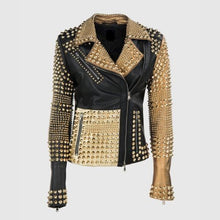 Load image into Gallery viewer, Woman Punk Brando Full Golden Studded Black Biker Leather Jacket
