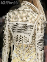 Load image into Gallery viewer, New Woman Punk Full White Silver Spiked Studded Brando Leather Jacket 
