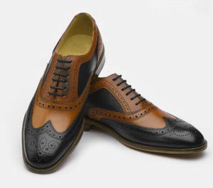 Handmade Men's Black Brown Leather Lace Up Wing Tip Shoe - leathersguru