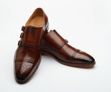 Load image into Gallery viewer, Bespoke Brown Leather Three Monk Strap Cap Toe Shoes - leathersguru
