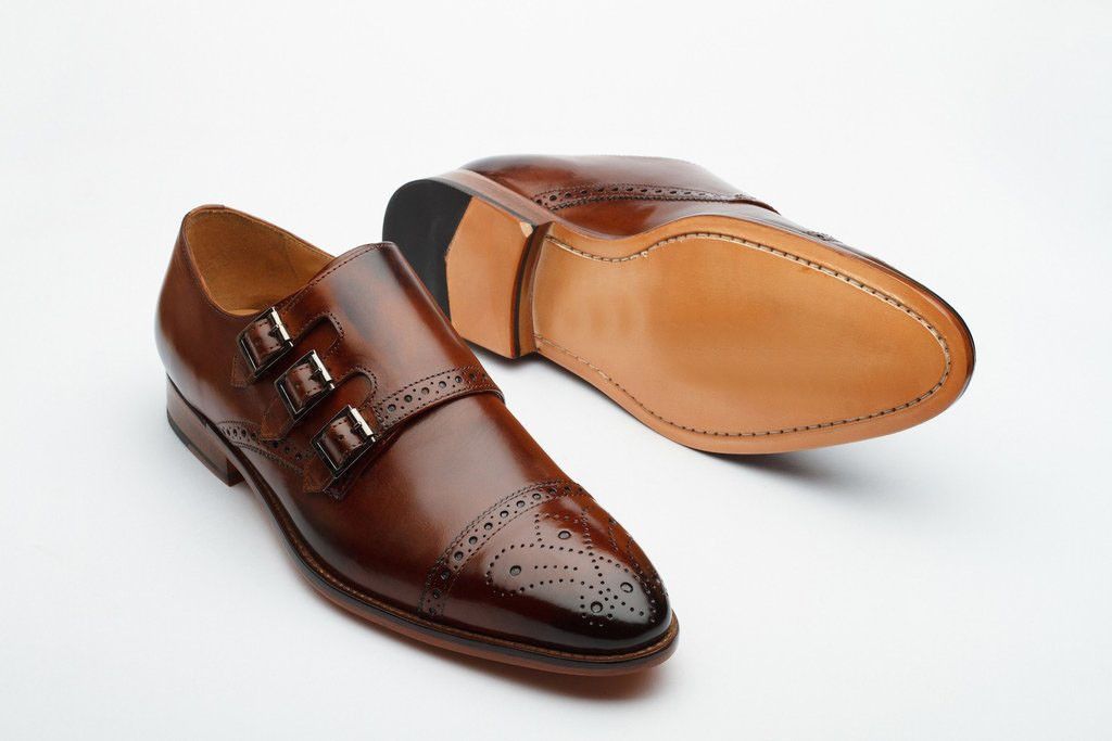 Bespoke Brown Leather Three Monk Strap Cap Toe Shoes - leathersguru