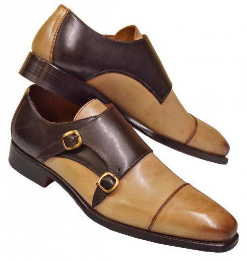 Bespoke Brown Beige Leather Monk Strap Shoe for Men - leathersguru
