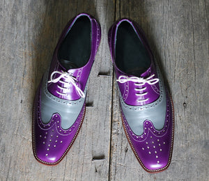 Men's Handmade Purple & Gray Wing Tip Brogue Lace Up Leather Shoes