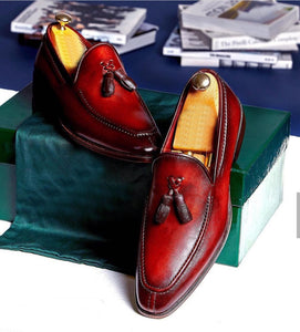 Red Leather Casual Tussles Loafers Men's Shoes - leathersguru