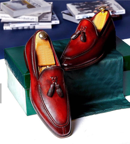 Red Leather Casual Tussles Loafers Men's Shoes - leathersguru