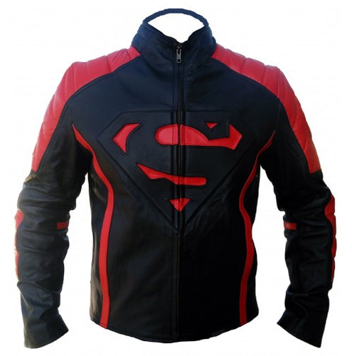 SUPERMAN MOVIE MENS LEATHER JACKET, CLASSIC BLACK & RED