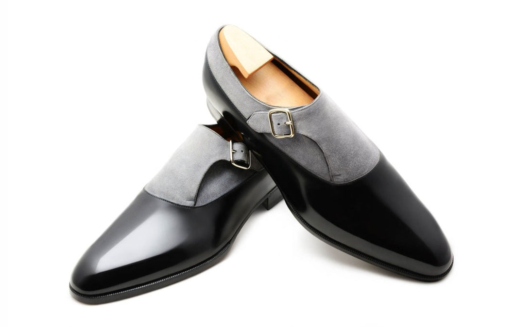 Bespoke Two Tone Leather Monk Strap Cap Toe Shoes for Men's - leathersguru