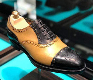 Handmade Tan Black Cap Toe Brogue Leather Shoes - leathersguru