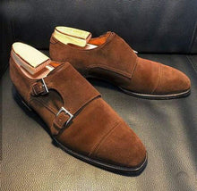 Load image into Gallery viewer, Handmade Brown Suede Double Monk Cap Toe Shoe - leathersguru
