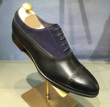 Load image into Gallery viewer, Handmade Black Navy Blue Cap Toe Leather Suede Shoe - leathersguru
