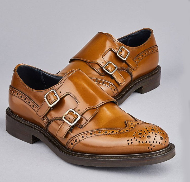 Bespoke Tan Wing Tip Shoes Double Monk Straps Leather Shoe, Men Shoes,Dress Shoes - leathersguru