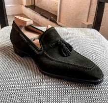 Load image into Gallery viewer, Bespoke Black Square Toe Suede Tussles Shoes for Men - leathersguru
