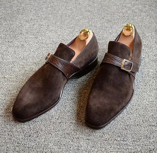 Loafer Suede Monk Strap Dark Brown,Men's Oxford Shoes