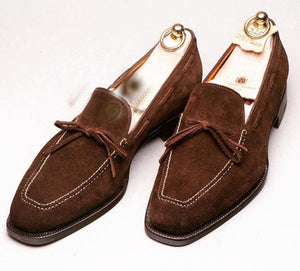 Men's Brown Suede Loafer Lace Up Casual Handmade Shoes.