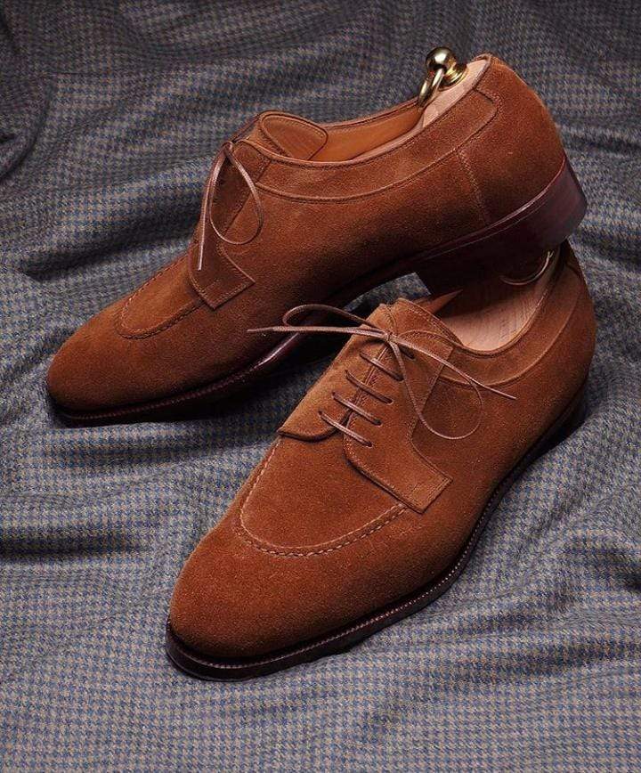 Men's Suede Tan Round Toe Shoes - leathersguru
