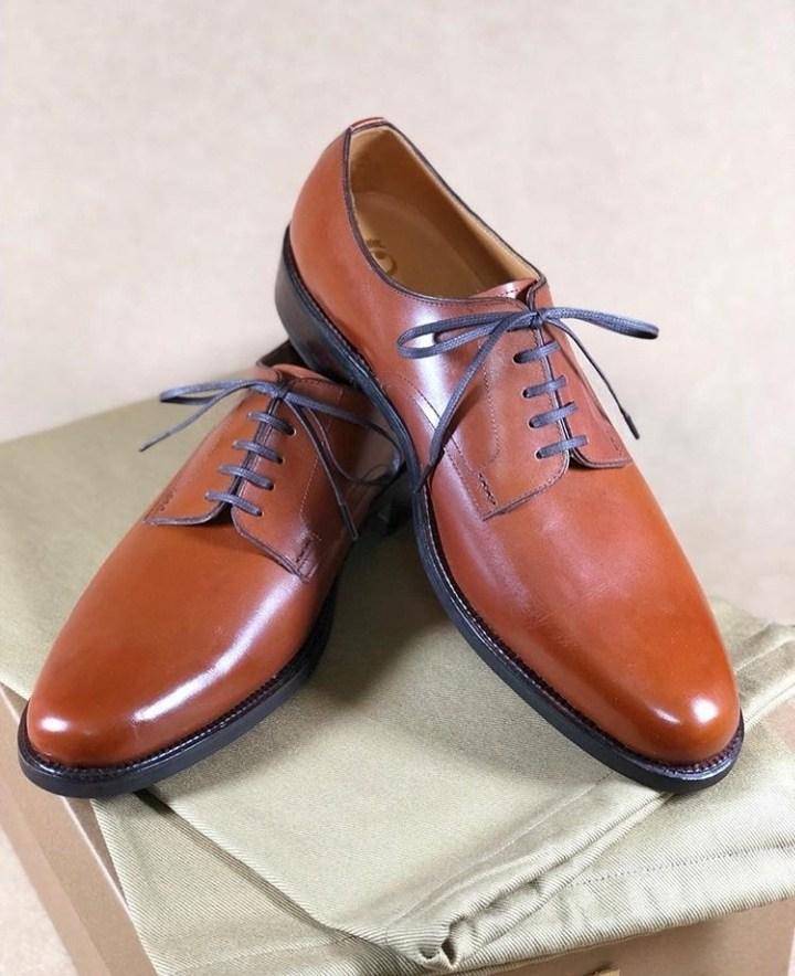 Handmade Tan Color Derby Lace Up Leather Shoes - leathersguru