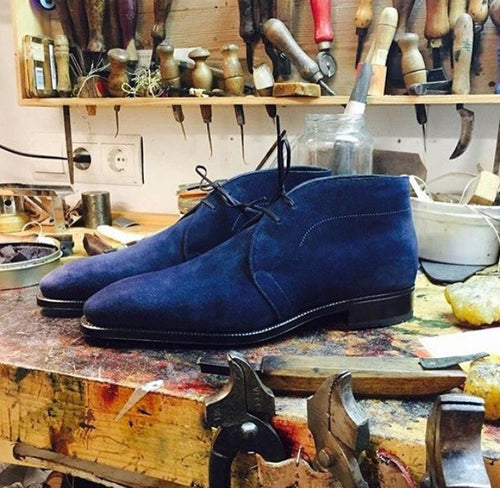 Blue Suede Chukka Boot,Men's Handmade Party Boot