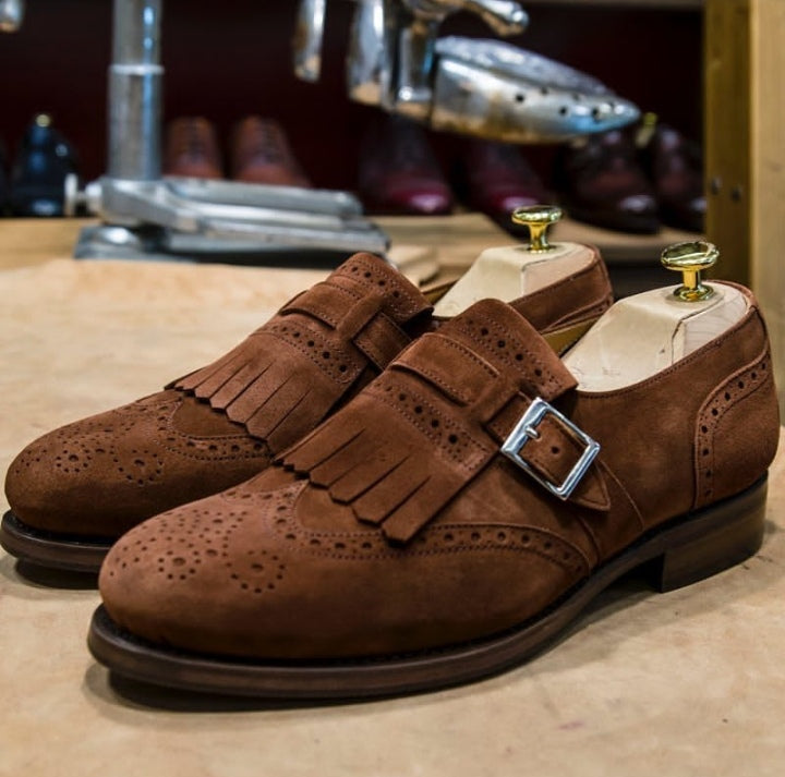 Hand Crafted Brown Wing Tip Shoes Fringe With Monk Straps Suede Shoe, Men Shoes,Dress Shoes - leathersguru
