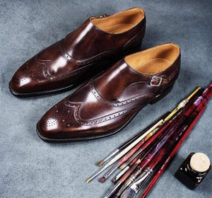 Handmade Burgundy Leather Monk Strap Shoe - leathersguru