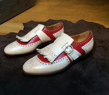 Load image into Gallery viewer, Bespoke Red White Leather Monk Strap Fringe Shoes for Men&#39;s - leathersguru
