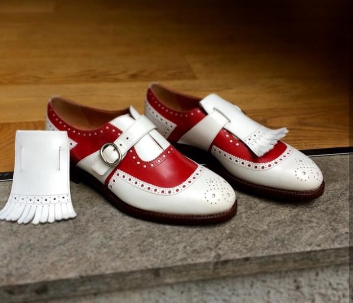Bespoke Red White Leather Monk Strap Fringe Shoes for Men's - leathersguru