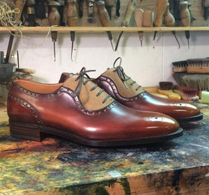 Handmade Beige Brown Leather Suede Brogue Shoe - leathersguru