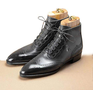 Handmade Men's Ankle High Black Leather Wing Tip Lace Up Boot - leathersguru